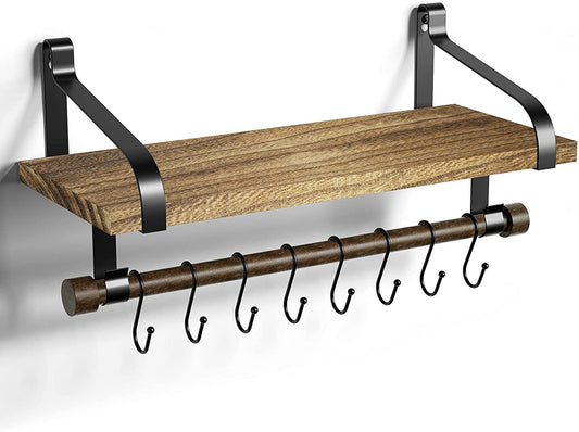 Repisa rústico de madera flotante para pared de cocina con barra para toallas y 8 ganchos extraíbles para organizar utensilios de cocina o tazas, color negro.