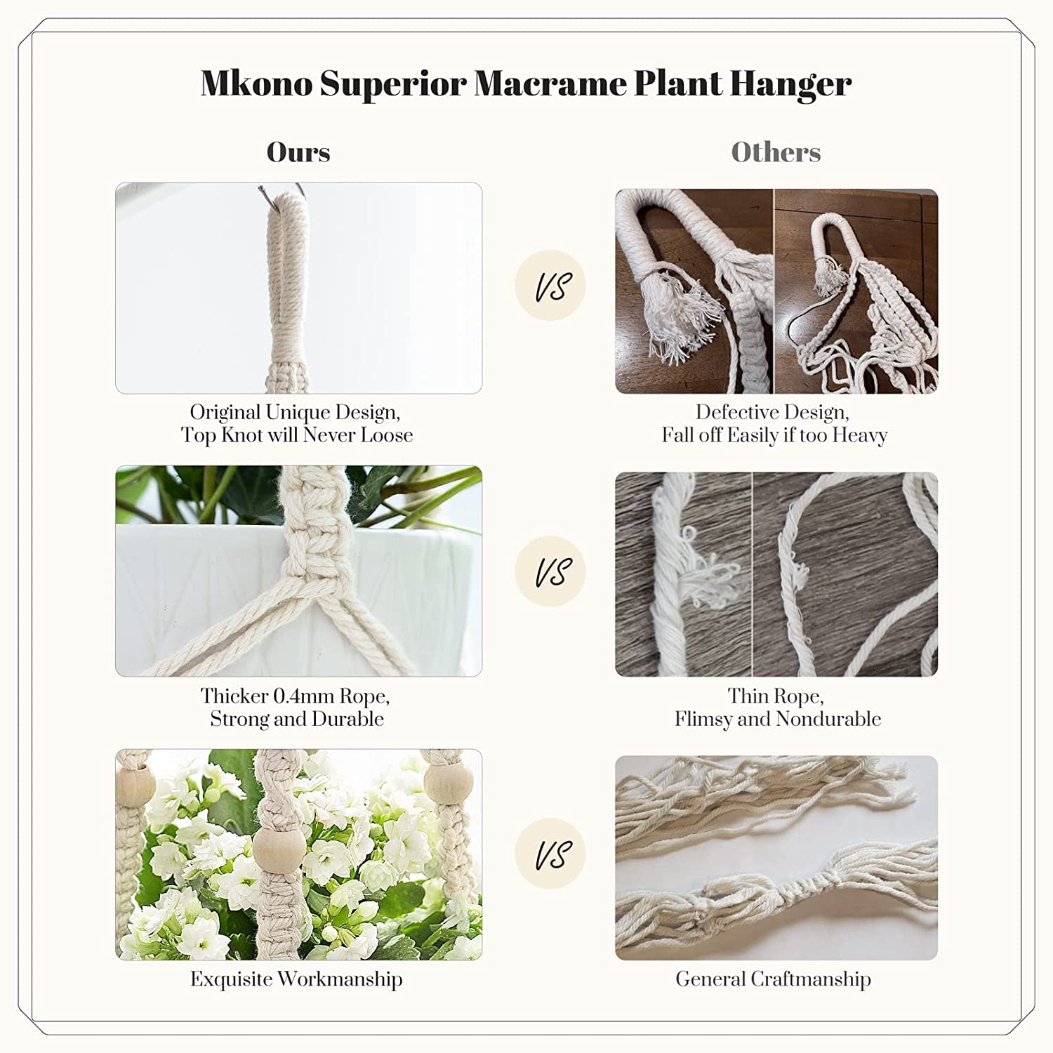 Paquete de 3 colgantes de macramé con macetas medida: 89,5 cm, 74,5 cm y 58,4 cm, para interiores (macetas de plástico incluidas), tamaño mediano, en color marfil
