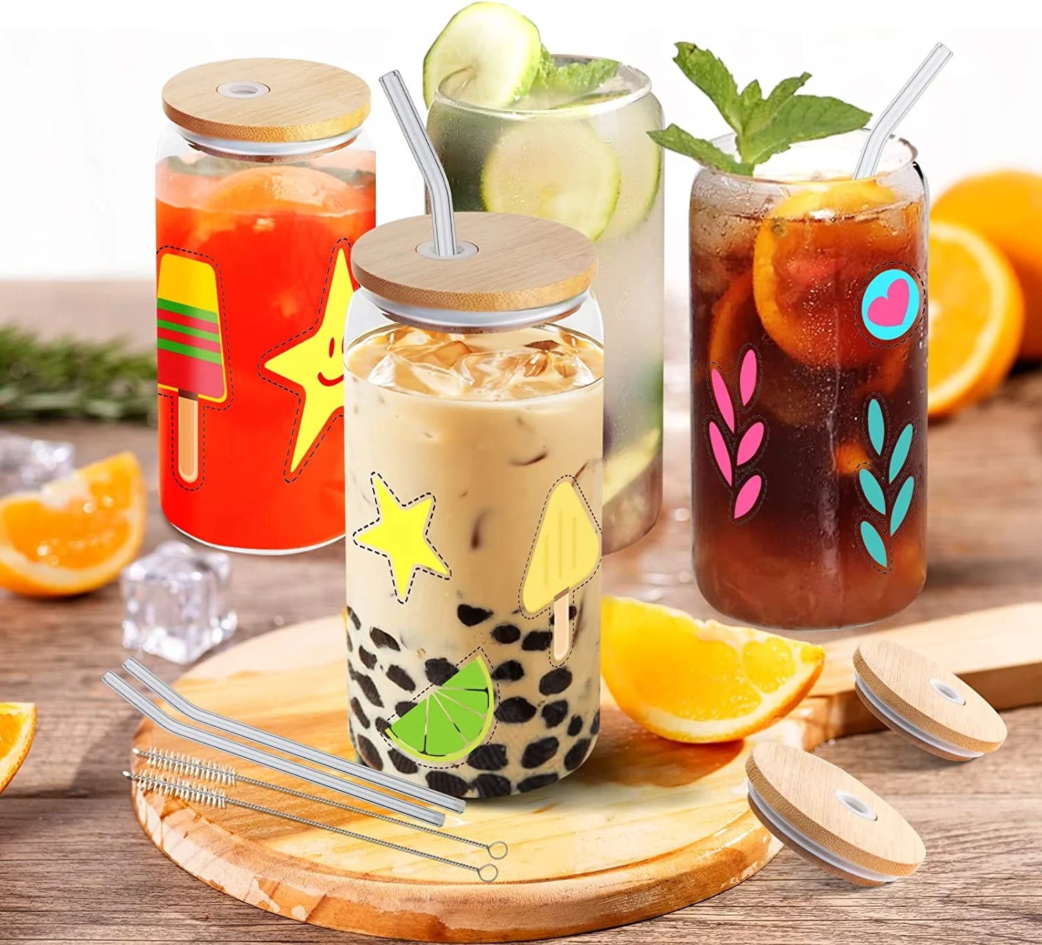 Vasos de vidrio con tapa de bambú y pajita, con forma de lata de cerveza, 473 ml (16 oz), refrescos, té, agua, étc. (4 piezas))