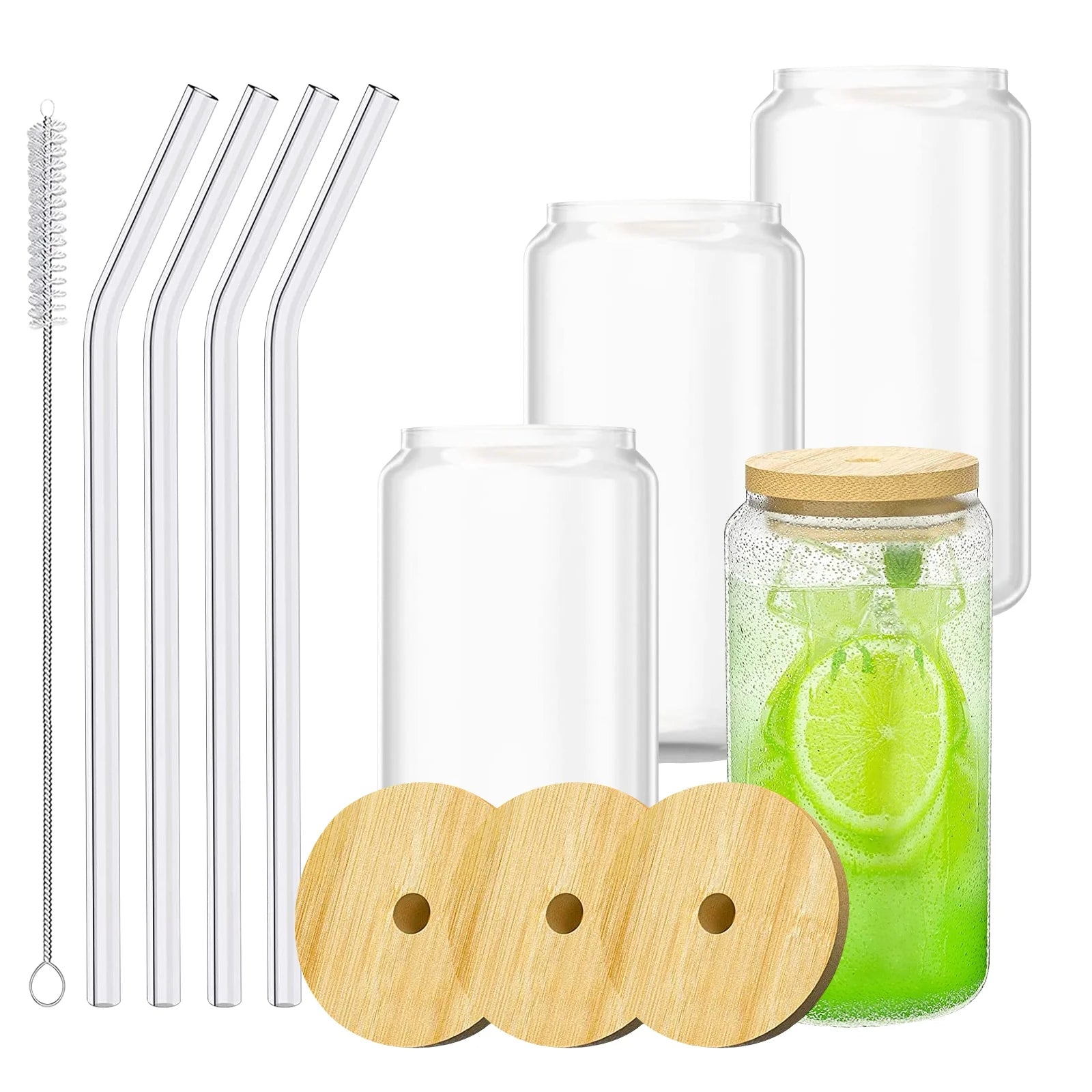 Vasos de vidrio con tapa de bambú y pajita, con forma de lata de cerveza, 473 ml (16 oz), refrescos, té, agua, étc. (4 piezas))