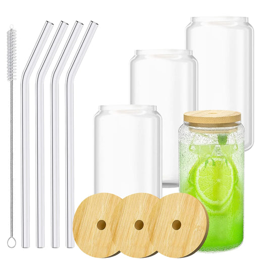 Vasos de vidrio con tapa de bambú y pajita, con forma de lata de cerveza, 473 ml (16 oz), refrescos, té, agua, étc. (4 piezas))