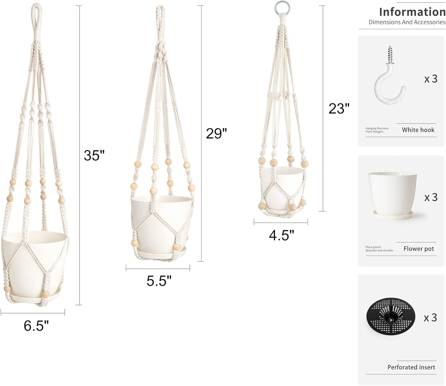 Paquete de 3 colgantes de macramé con macetas medida: 89,5 cm, 74,5 cm y 58,4 cm, para interiores (macetas de plástico incluidas), tamaño mediano, en color marfil