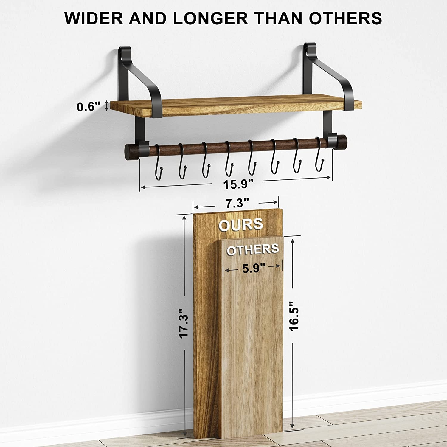 Repisa rústico de madera flotante para pared de cocina con barra para toallas y 8 ganchos extraíbles para organizar utensilios de cocina o tazas, color negro.