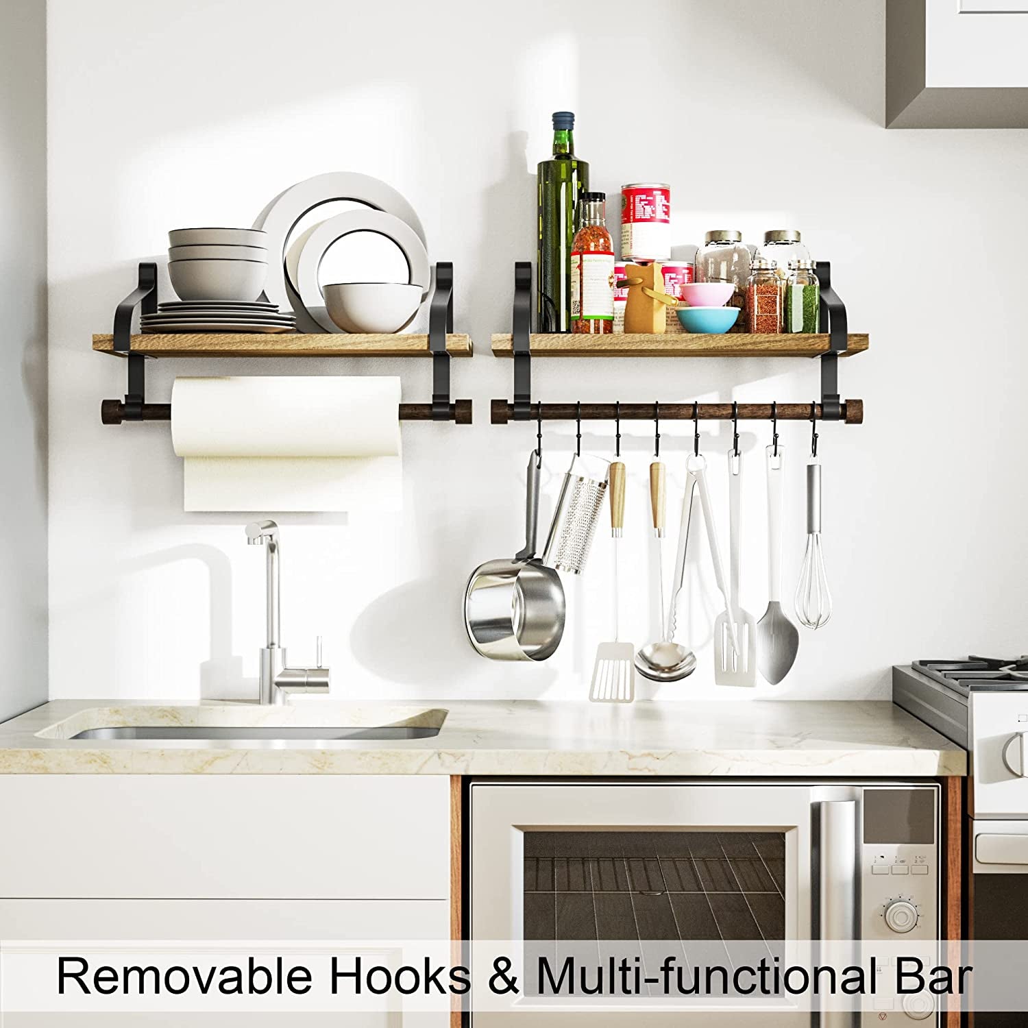Repisa rústico de madera flotante para pared de cocina con barra para toallas y 8 ganchos extraíbles para organizar utensilios de cocina o tazas, color negro.