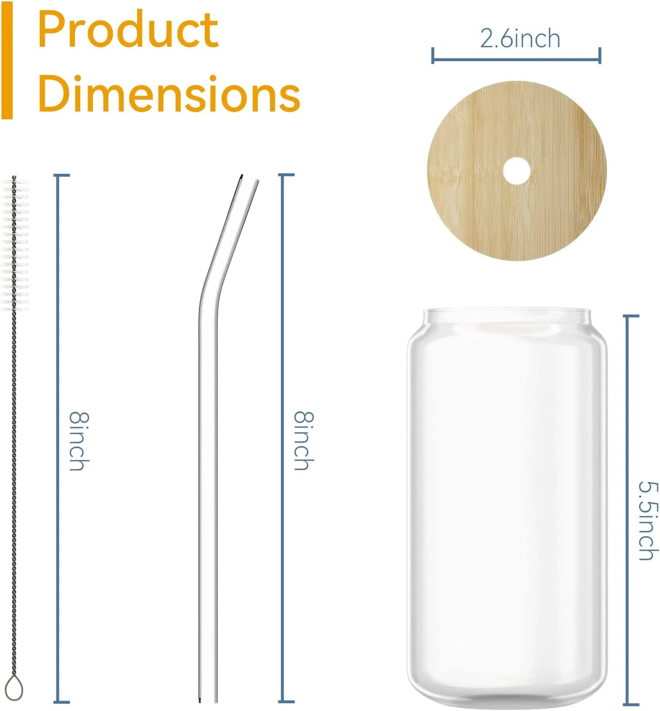 Vasos de vidrio con tapa de bambú y pajita, con forma de lata de cerveza, 473 ml (16 oz), refrescos, té, agua, étc. (4 piezas))