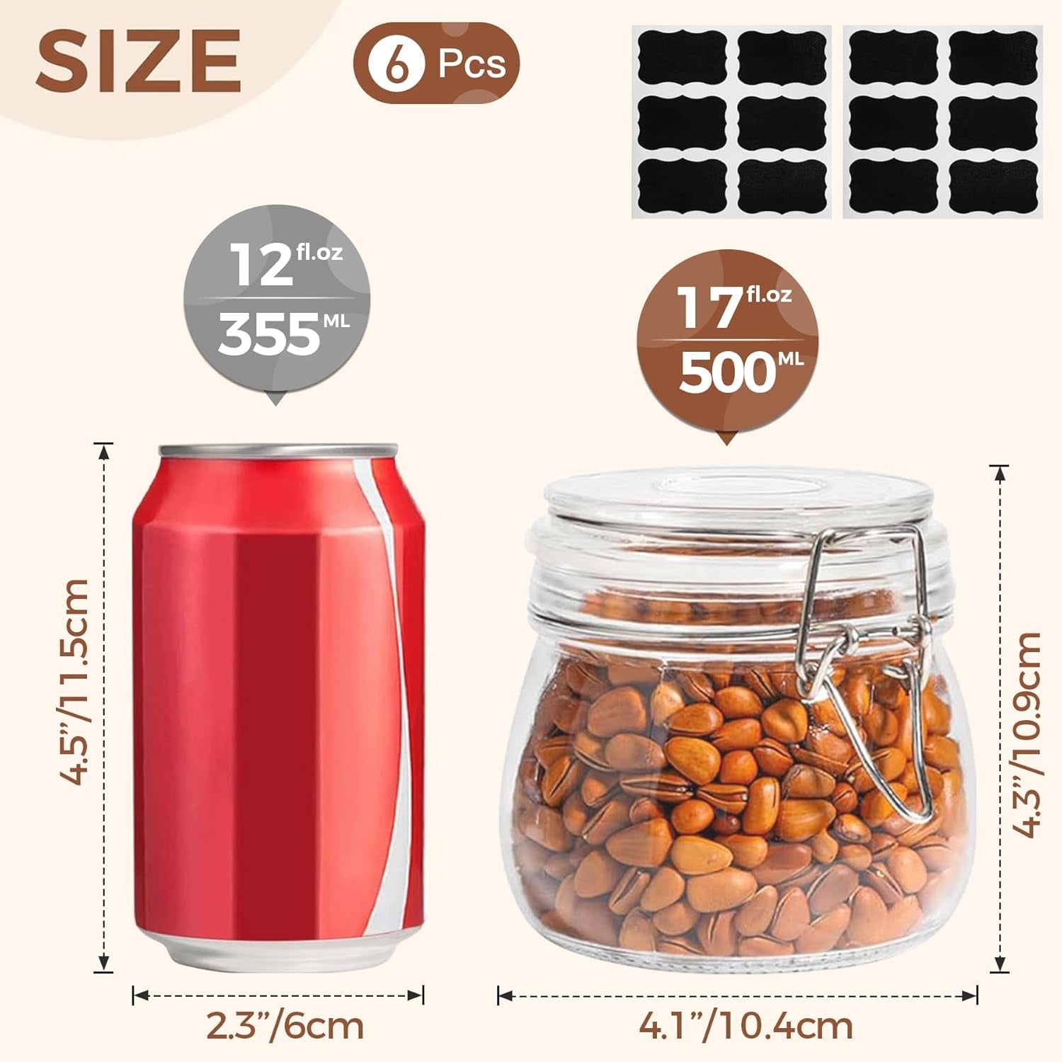Juego de 6 recipientes herméticos de vidrio con tapas, de 17 oz, redondos, para almacenar alimentos.
