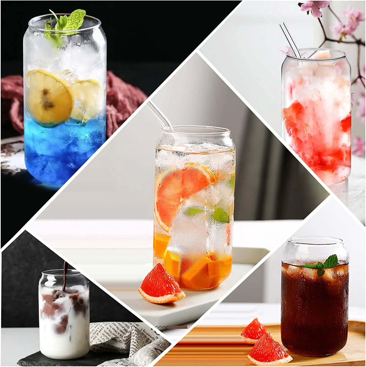 Vasos de vidrio con tapa de bambú y pajita, con forma de lata de cerveza, 473 ml (16 oz), refrescos, té, agua, étc. (4 piezas))